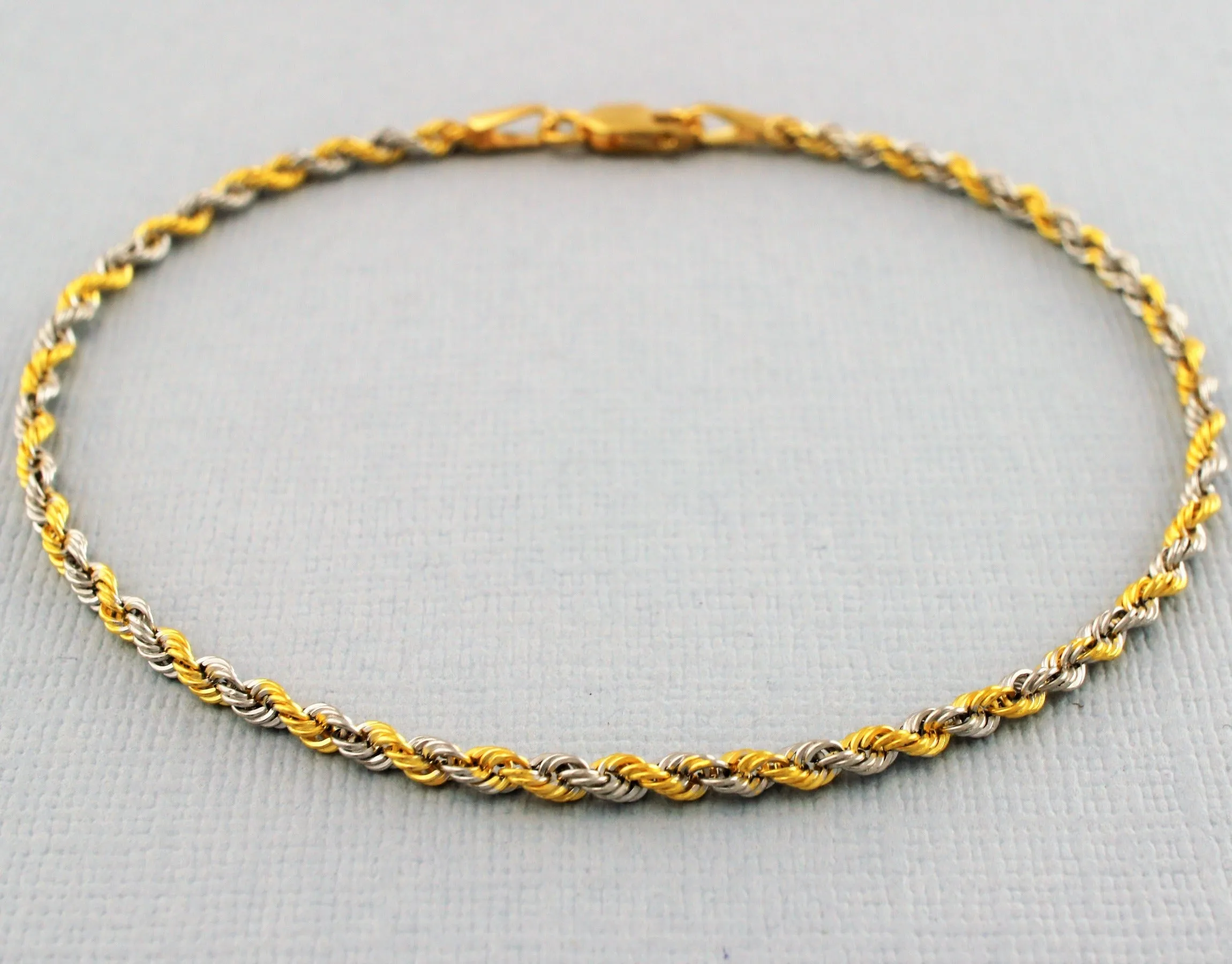 9ct Yellow & White Gold Hollow Rope Chain Bracelet  7.2"