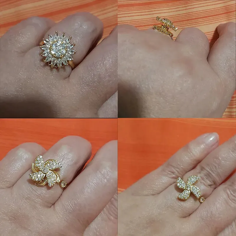 Fashion Crystal Sunflower Rings For Women Rotatable Anti Stress Anxiety Zircon Adjustable Ring You Are My Sunshine Jewelry Gifts