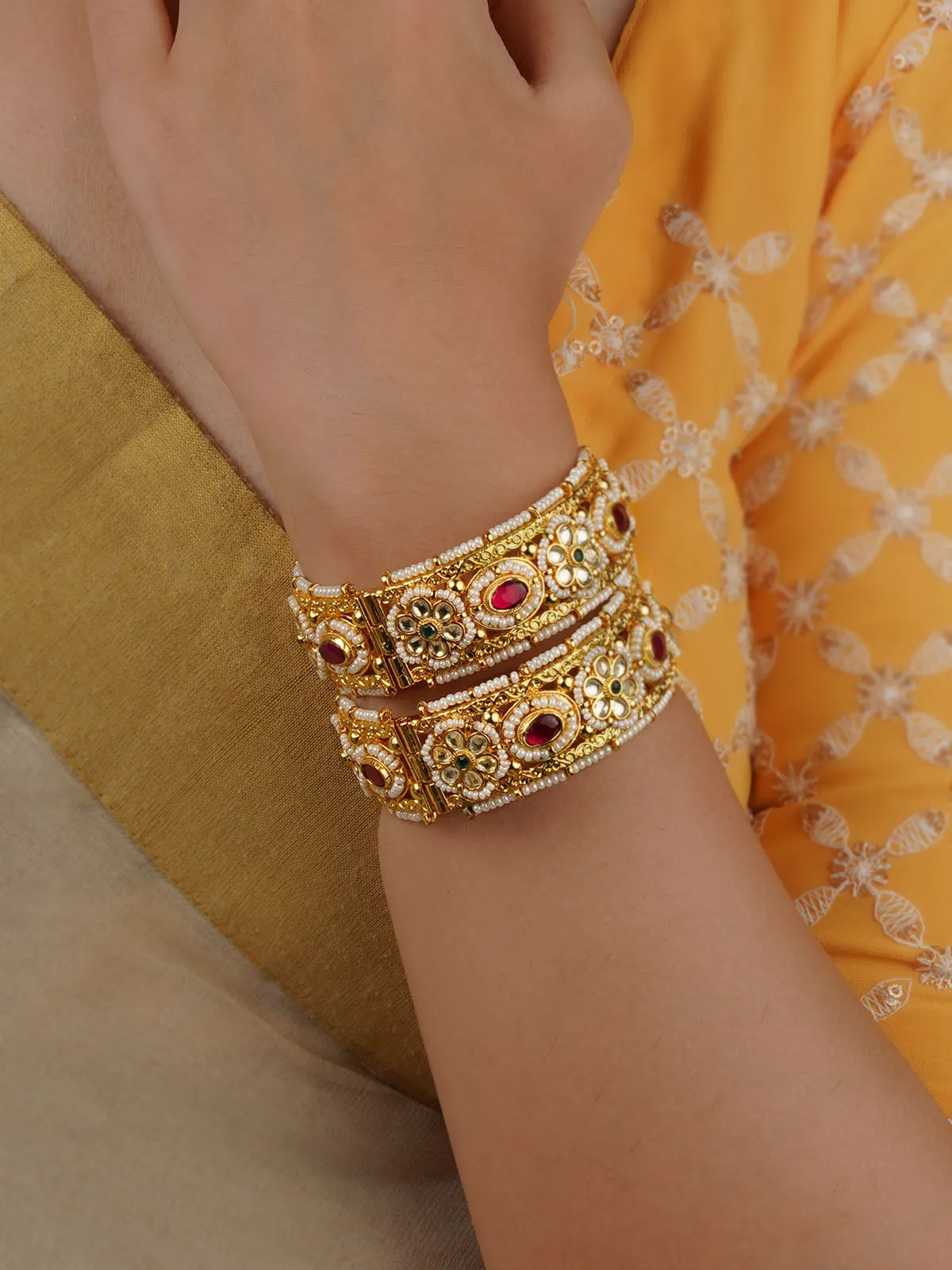 Multicolor Gold Plated Jadau Kundan Bangles - MB186M