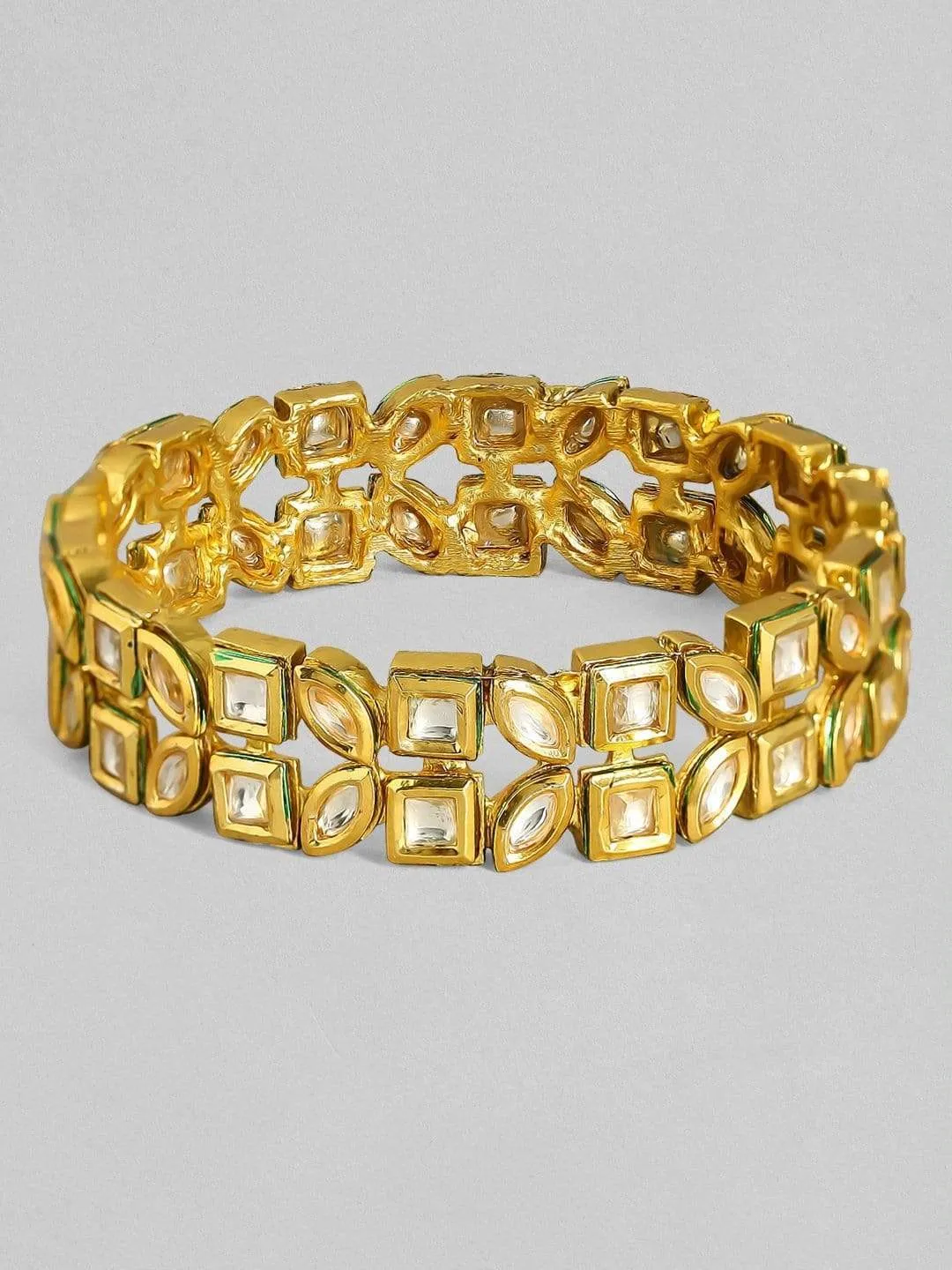 Rubans 24K Gold-Plated White & Green Kundan-Studded Handcrafted Bangle