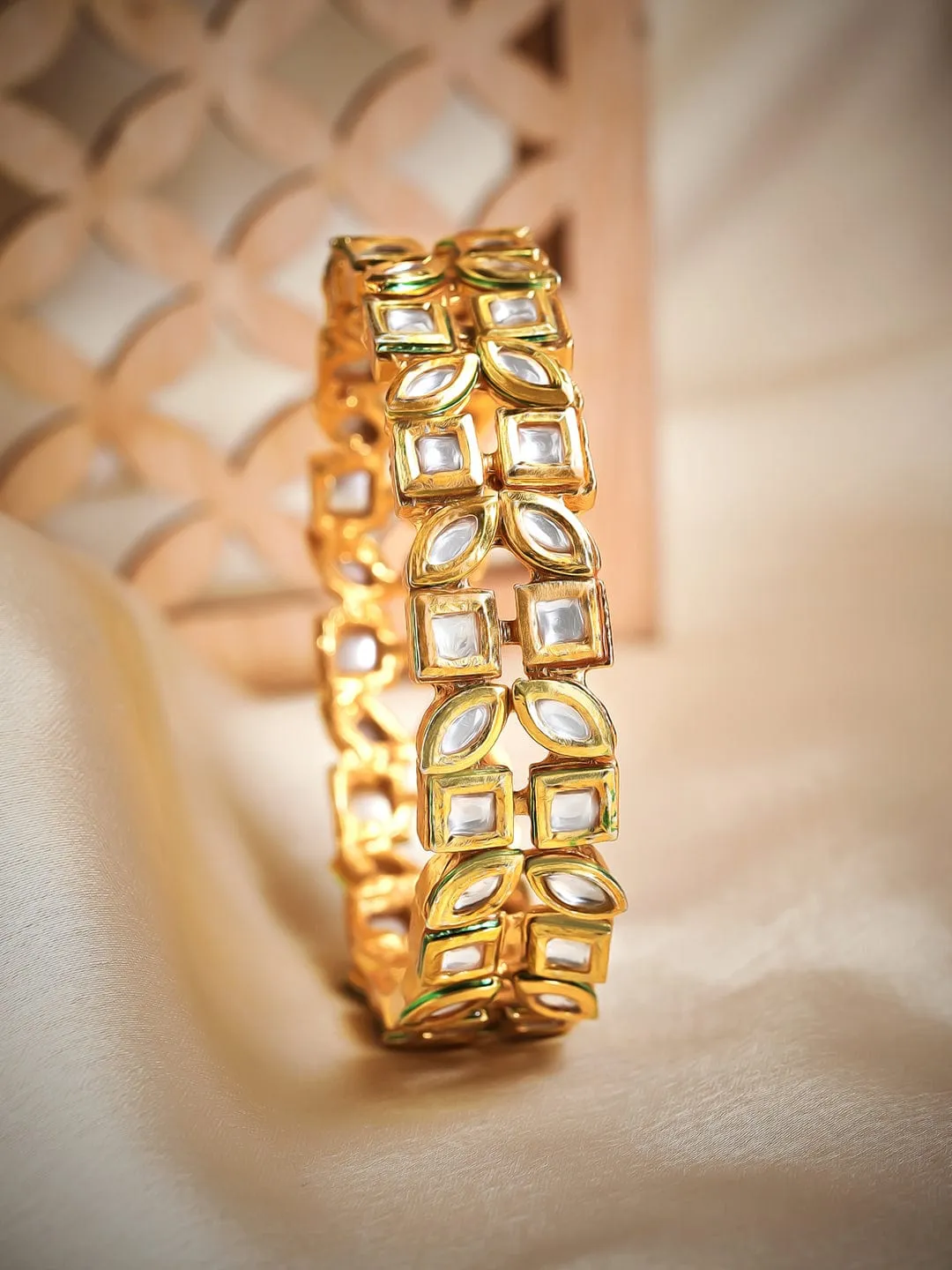 Rubans 24K Gold-Plated White & Green Kundan-Studded Handcrafted Bangle
