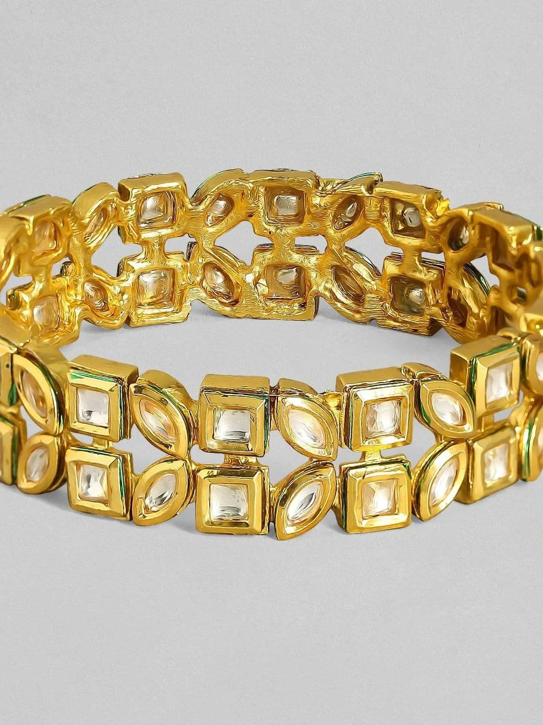 Rubans 24K Gold-Plated White & Green Kundan-Studded Handcrafted Bangle